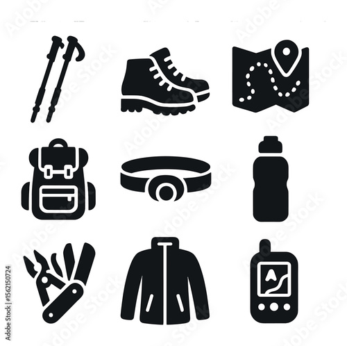 Hiking Gear Icons. olid, filled icons set of hiking gear: trekking poles, boots, trail map, backpack, headlamp