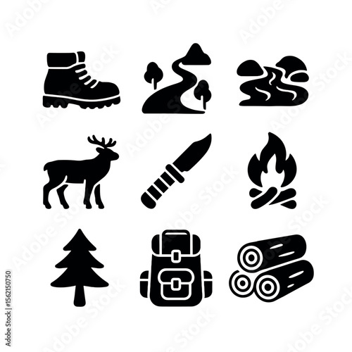 Backcountry Travel Icons. olid, filled icons set of backcountry travel: rugged boots, walking trail, stream,