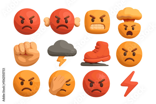 Angry and frustrated emojis with fist, cloud, boot, and lightning symbols