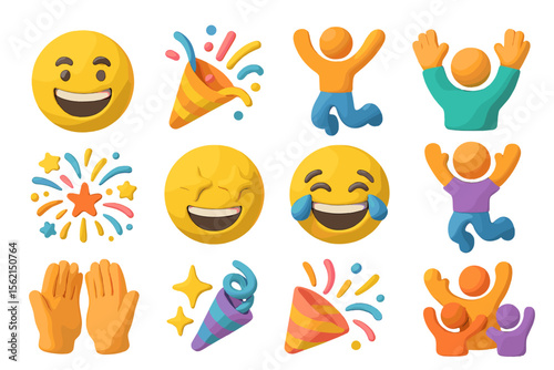 Colorful clay emoji and celebration icons on gradient background