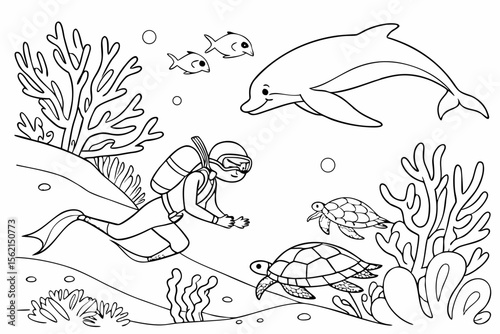 An underwater hero swimming with dolphins and turtles, protecting the coral reef from pollution. Clean line art for a coloring page, detailed underwater scene, black and white