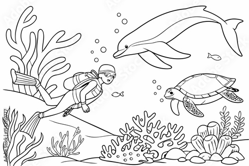 An underwater hero swimming with dolphins and turtles, protecting the coral reef from pollution. Clean line art for a coloring page, detailed underwater scene, black and white