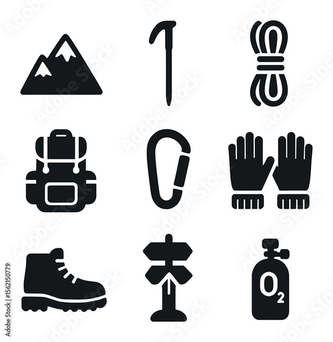 Mountain Trekking Icons. olid, filled icons set of mountain trekking: mountain peak, walking stick, climbing