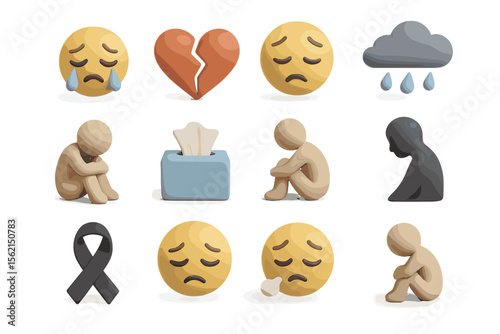 Emotional icons depicting sadness and heartbreak with tearful faces