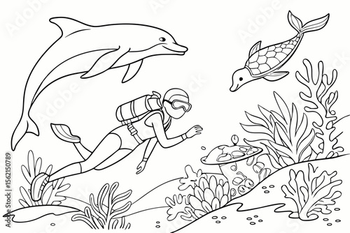 An underwater hero swimming with dolphins and turtles, protecting the coral reef from pollution. Clean line art for a coloring page, detailed underwater scene, black and white