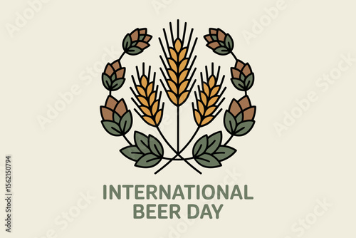 Elegant wheat and hops emblem with text for international beer day celebration on first Friday of August  