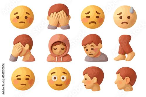 Claymation emoji expressions display various emotions