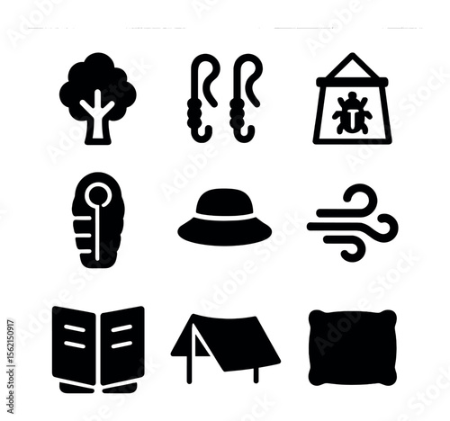 Hammock Camping Icons. olid, filled icons set of hammock camping: tree, straps, bug net, sleeping bag, sunhat,