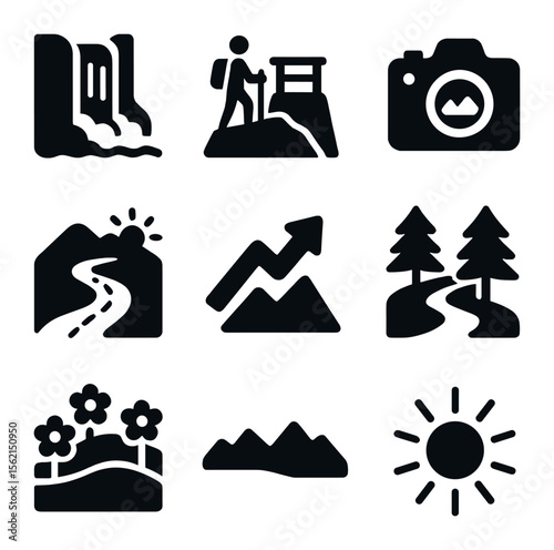 Scenic Hiking Icons. olid, filled icons set of scenic hiking: waterfall, lookout point, photo spot, scenic
