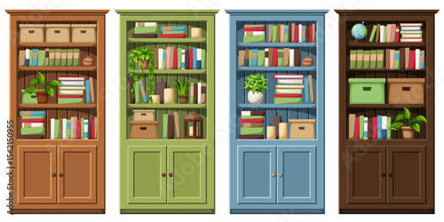 Bookcases. Set of brown, green, and blue bookcases with books, houseplants, and decor. Home furniture set. Cartoon vector illustrations