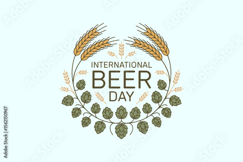 Vintage badge design with barley hops and ribbon for international beer day global drinking event layout  