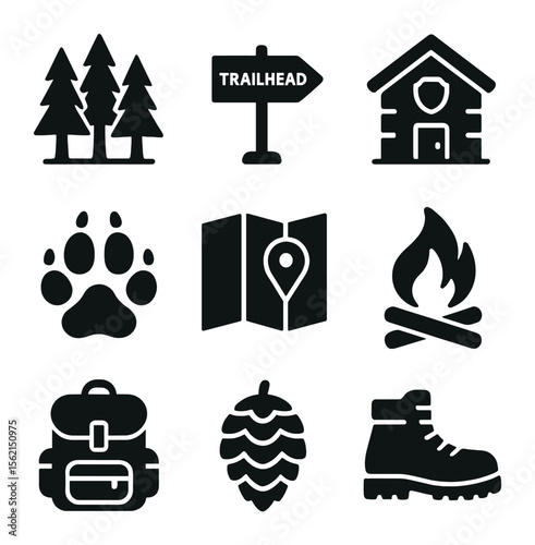 National Forest Icons. olid, filled icons set of national forest adventure: tall trees, trailhead, ranger