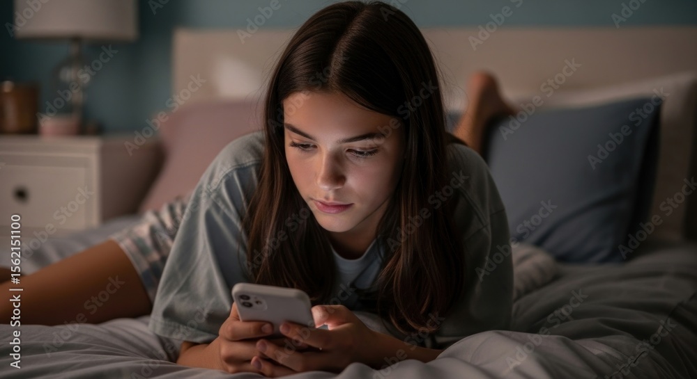 Teenager engrossed in her smartphone while lying comfortably in bed at night. Teenager engrossed in her smartphone while lying comfortably in bed at night.