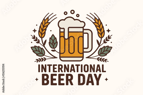 Cheerful clinking beer mugs with rays design for international beer day festive logo or friends gathering art 