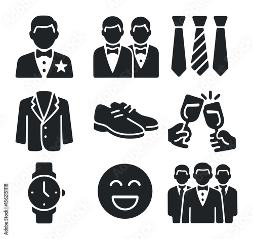 Groom's Crew Icons. olid, filled icons set of groom’s crew: best man, groomsmen, matching ties, suit icon,