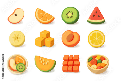 Colorful assorted fruit slices and cubes in soft pastel tones
