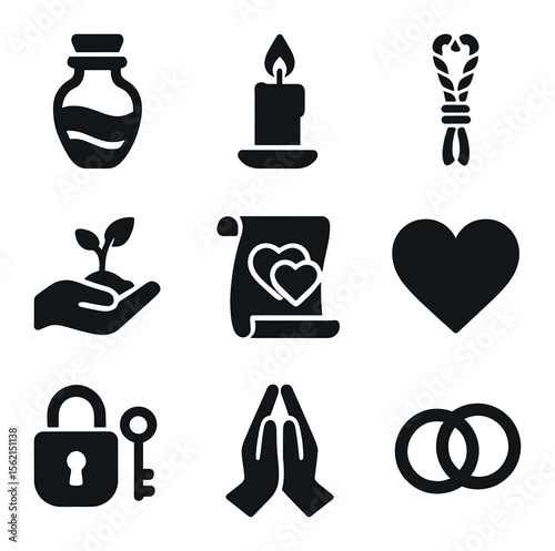 Unity Symbols Grid. olid, filled icons set of unity symbols: sand jar, candle, cord, tree planting, vows