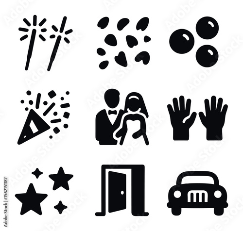Wedding Send-Off Icons. olid, filled icons set of wedding send-off: sparklers, flower petals, bubbles,