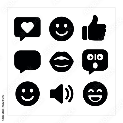 Emotional Communication Icons. olid, filled icons set of emotional communication: heart bubble, happy text,