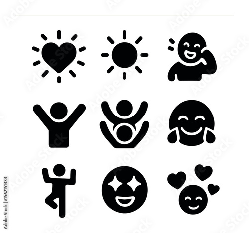 Joyful Icons Grid. olid, filled icons set of moment of joy: heart burst, sunlight, laughter pose, raised arms,