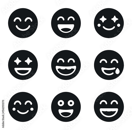 Joyful Facial Icons. olid, filled icons set of facial expressions of joy: eye smile, mouth open, raised cheeks