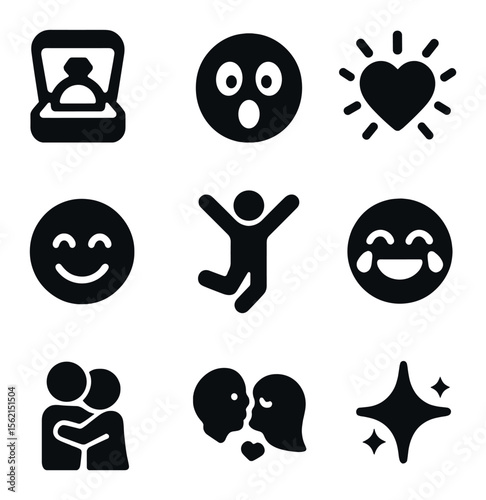 Romantic Surprise Icons. olid, filled icons set of romantic surprise: ring box, shocked face, heart burst,