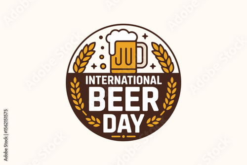 Beer mug icon with wreath and foam flat badge design for international beer day celebration or pub party event  
