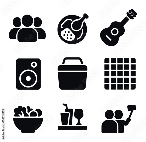 Picnic Icon Set. olid, filled icons set of group picnic: people icon, shared food, guitar, speaker, cooler,