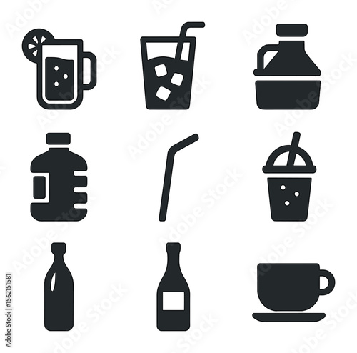 Picnic Drinks Icons. olid, filled icons set of picnic drinks: lemonade, iced tea, glass bottle, cooler, water