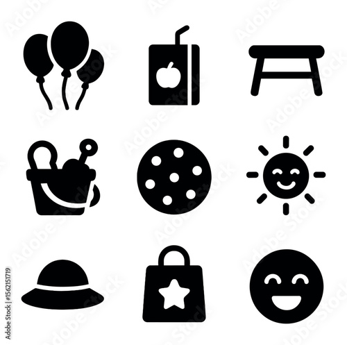 Kids Picnic Icons. Solid, filled icons set of kids picnic party: balloons, juice box, small table, toys,