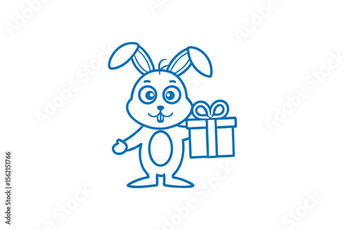 Blue line drawing presents a cartoon rabbit holding a wrapped gift box carefully