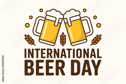 International beer day badge with clinking mugs and bubbles for brewery celebration or drink party design  