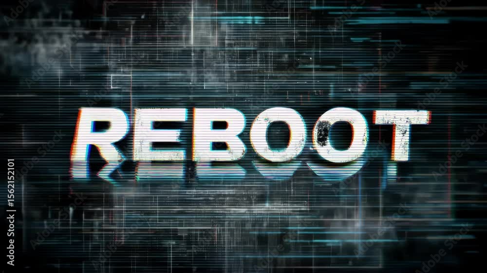 A futuristic digital design featuring the word 'Reboot' with a glitch effect, representing the concept of renewal and innovation.
