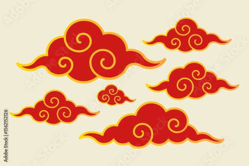 Red and gold Chinese brush cloud elements for traditional oriental decoration or lunar new year design  