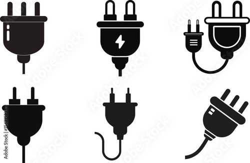 Electric plug and socket vector icon set illustrating power concepts with cartoon robot signs