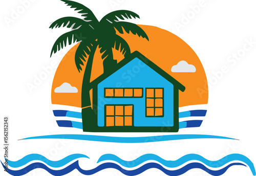 Beach House Sunset Illustration: Vibrant Vector Design