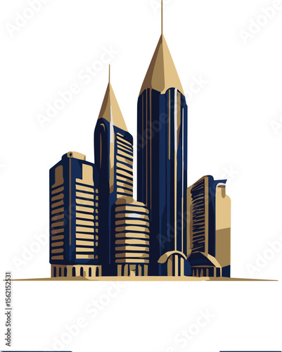 Modern Cityscape Illustration: Elegant Gold and Blue Skyscrapers, Vector Design