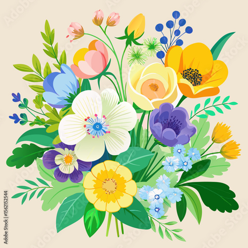 Vibrant digital illustration of a diverse bouquet of colorful spring flowers