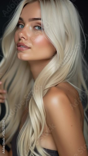 Beautiful woman with long blonde hair poses elegantly against a dark background