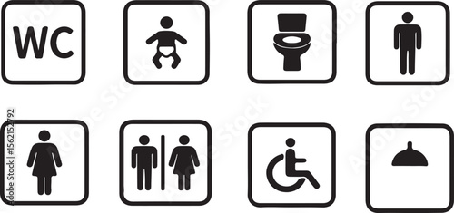 Washroom signs. Restroom or toilet door sign set containing gents, ladies, disabled, baby changing. Printable sticker.