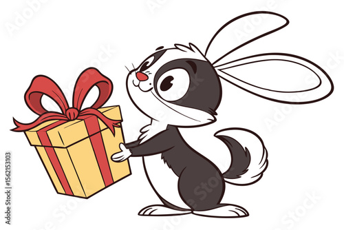 Cartoon skunk eagerly carries a yellow present wrapped with a red bow as a delightful surprise
