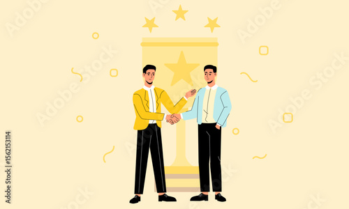 Teamwork concept, men in suites shake hands after succeed doing project, business tasks, marketing, management vector illustration with trophy on the background