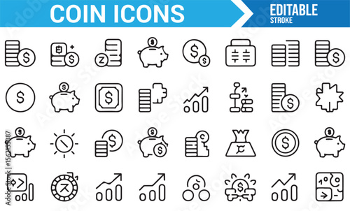 Various banking and coin icons representing cash flow, profit, and financial investments.