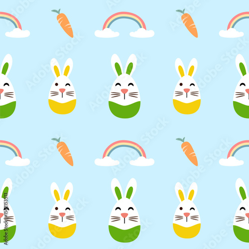 Seamless pattern of Easter bunnies, eggs, and flowers. Vector graphics.