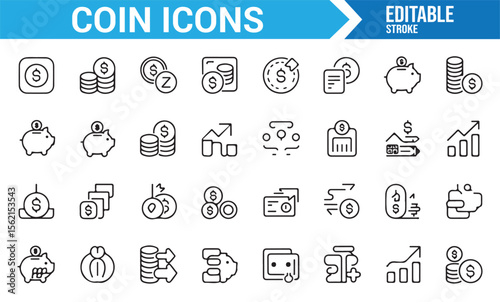Simple line art coin icons for use in financial designs, including savings and currency exchange.