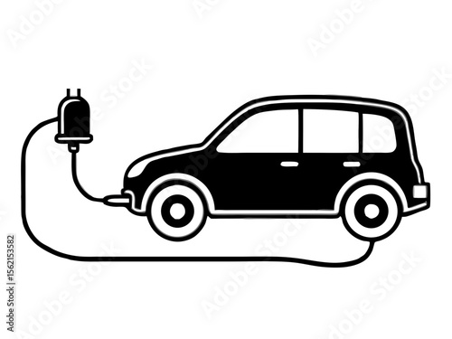 Black silhouette of an electric car connected to a charging plug and cable