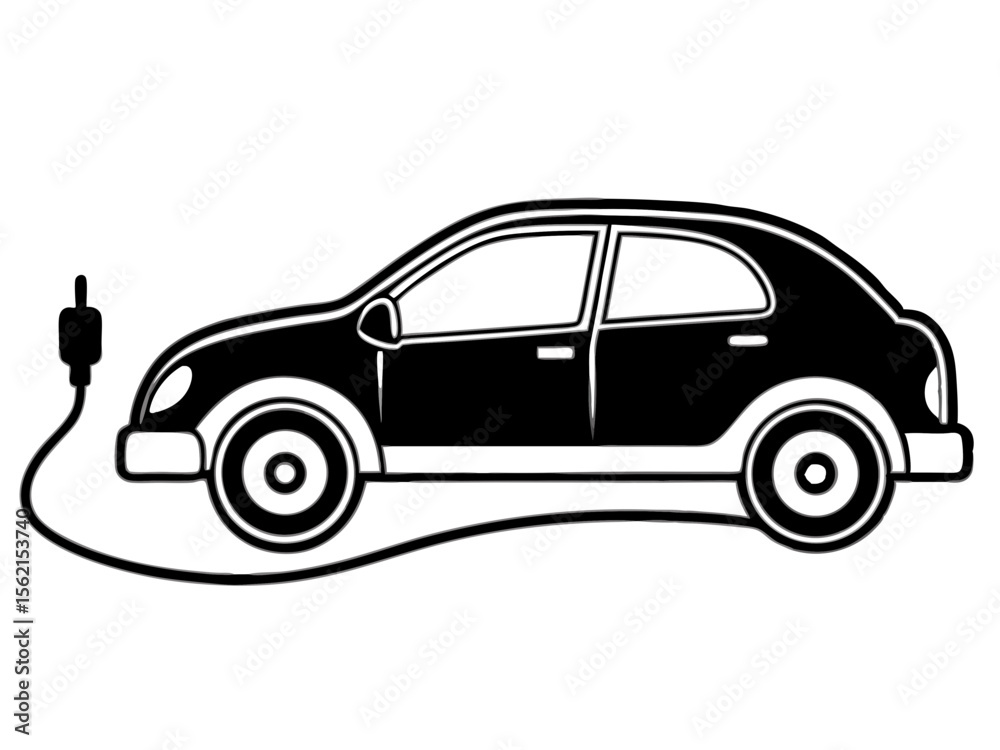 Fototapeta premium Black and white illustration of an electric car charging with a cable
