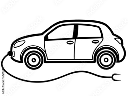 Simple black and white illustration of an electric car charging with a plug
