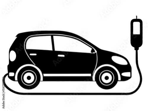 Black silhouette of an electric car connected to a charging cable and plug