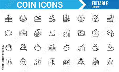 Collection of money-related icons including transactions, coins, and economic growth.